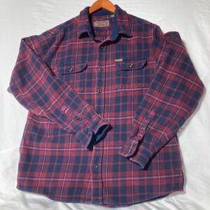 Orvis Flannel Shirt Jacket Men XL Red Blue Plaid Heavy Button Up Shacket Pockets